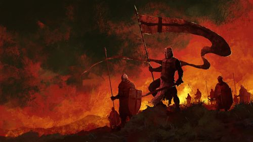 A depiction of a group of crusading Christian knights standing on a battlefield  surrounded by fire and smoke.