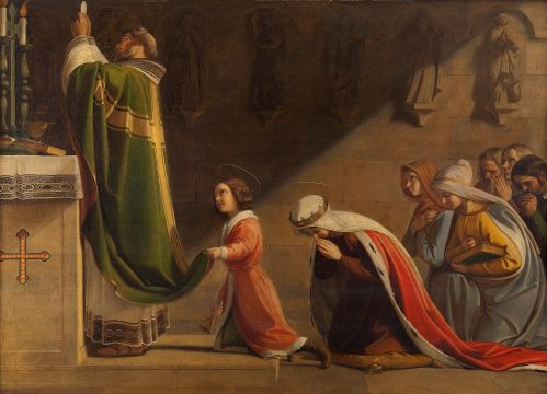 Oil painting of a priest holding the Host during a communion mass before kneeling worshippers.