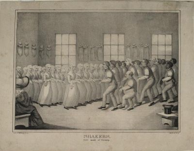 Illustration of Shaker worshippers male and female dancing together in lines.