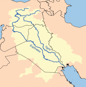 Map of Middle East showing Tigris and Euphrates rivers.