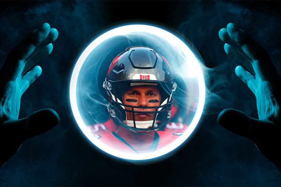 Tom Brady in a crystal sphere between two hands in depiction of spell