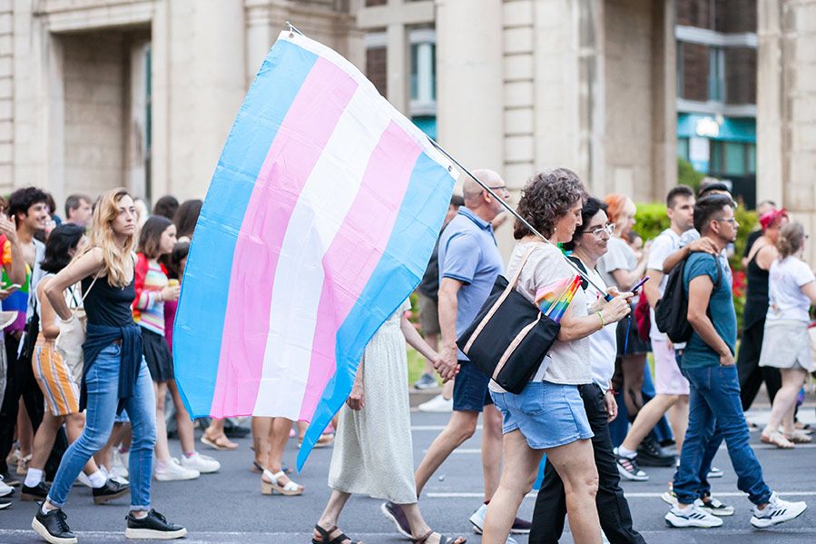 group of young people waving trans flag, protesting treatment of transgender people