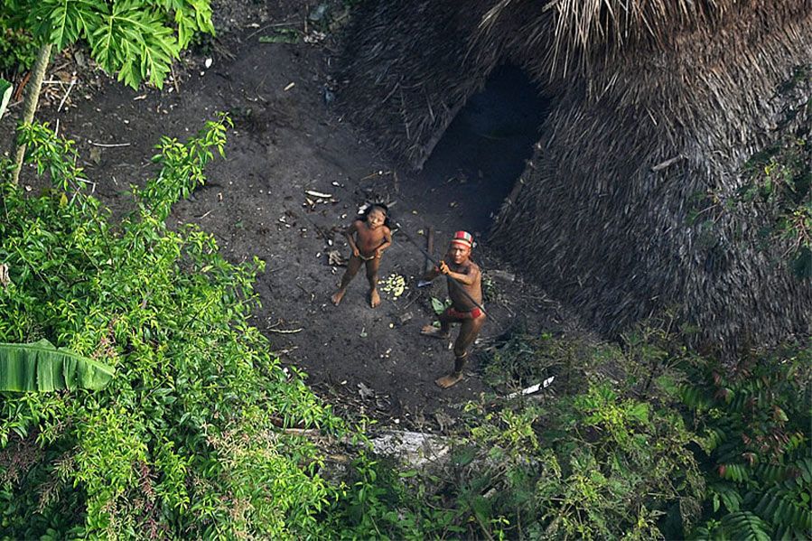 Uncontacted tribespeople in Brazil seen from helicopter