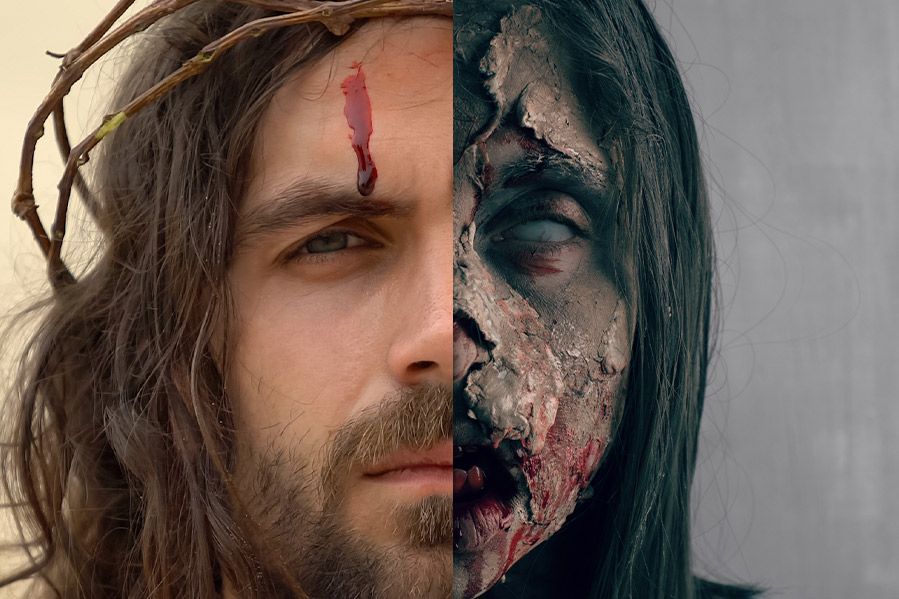 side by side of faces of Jesus and zombie