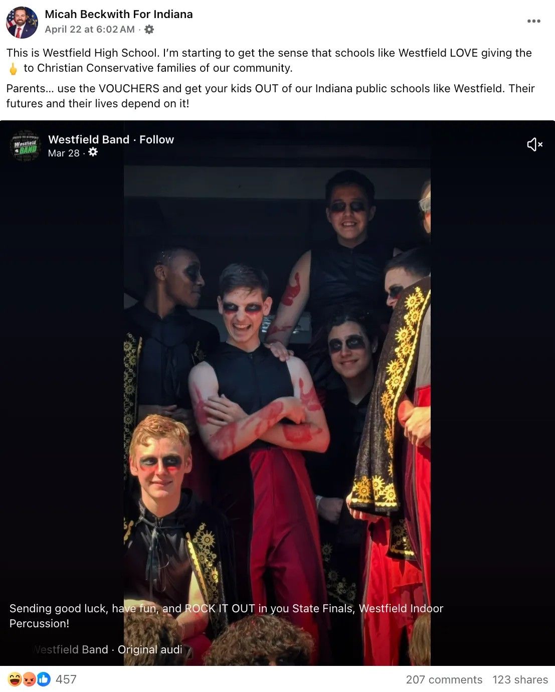 A Facebook post from Indiana's Lt. Governor calling a school band