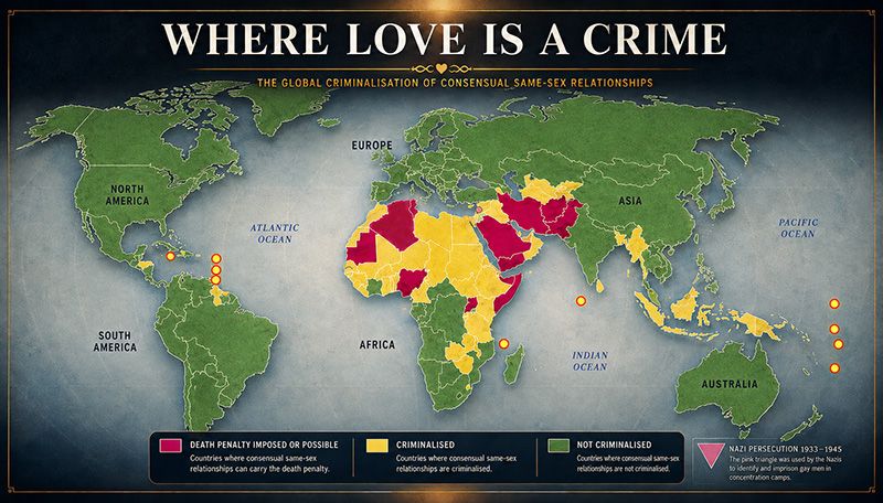 A map purporting to show in which countries homosexual love is a criminal offense in green, red, and yellow.