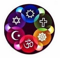 interfaith religious symbols in a circle over stained glass