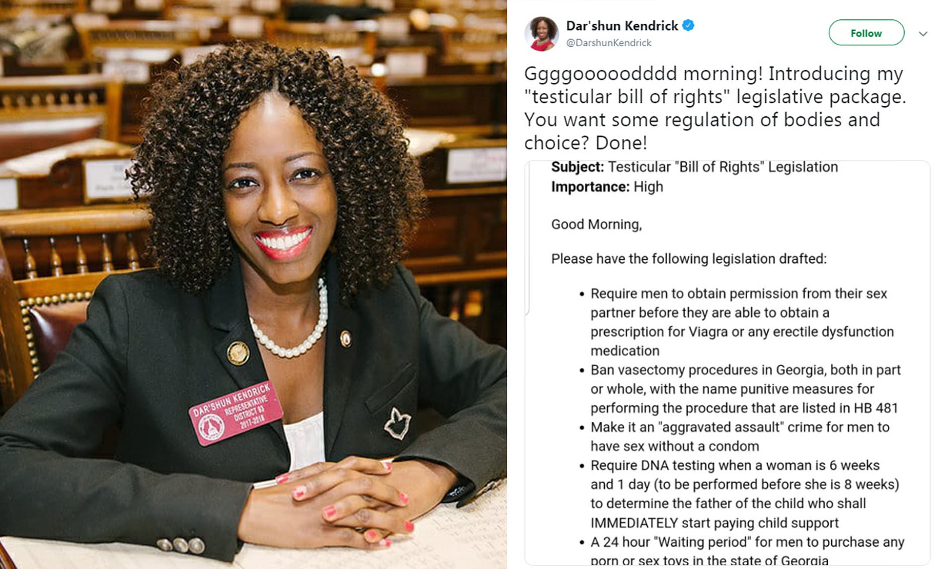 Rep. Dar'shun Kendrick proposes "testicular bill of rights"