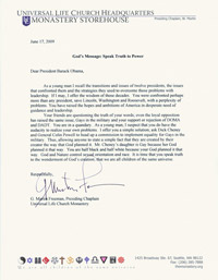 universal life church letter to white house