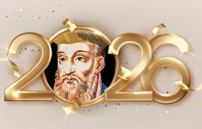 '2026' in golden, celebratory font with the face of Nostradamus in the 0