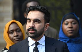 Zohran Mamdani giving speech outside Muslim mosque