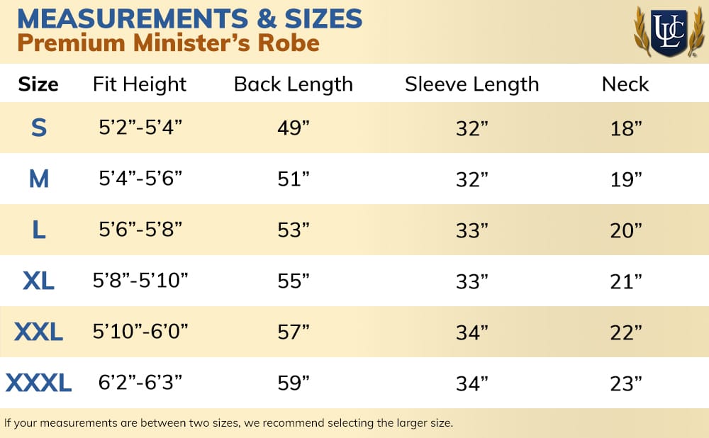 Size Chart for Premium Minister Robe