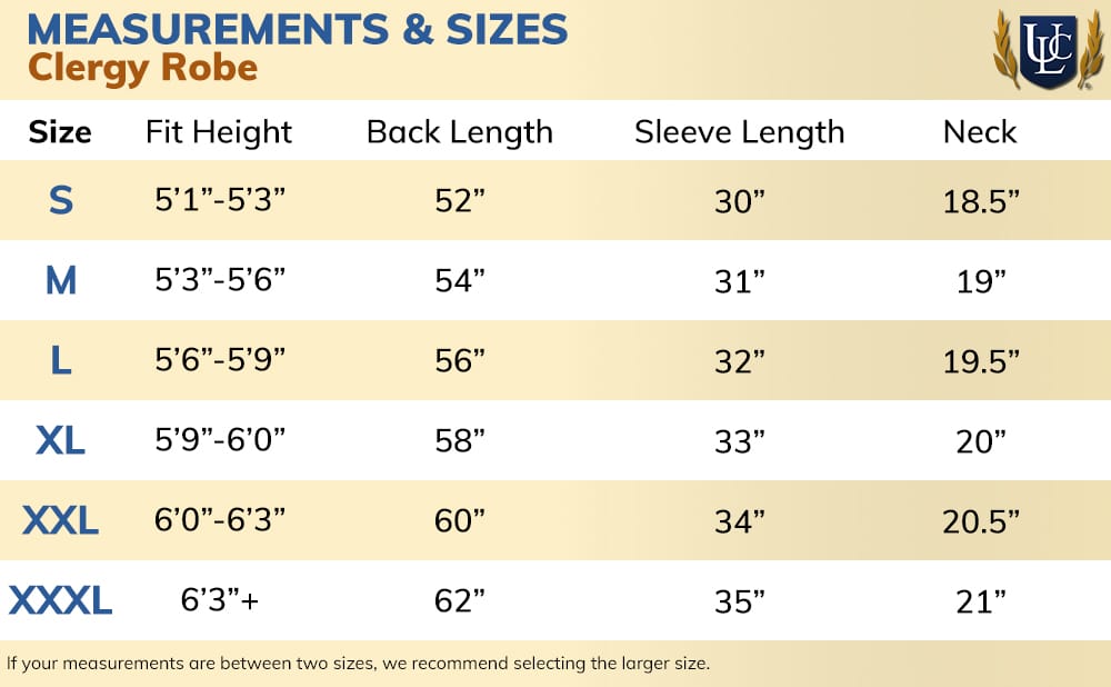 Size Chart for Clergy Robe