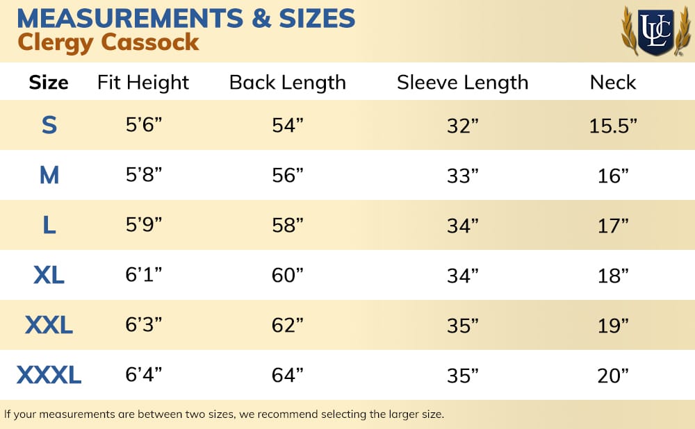 Size Chart for Clergy Cassock