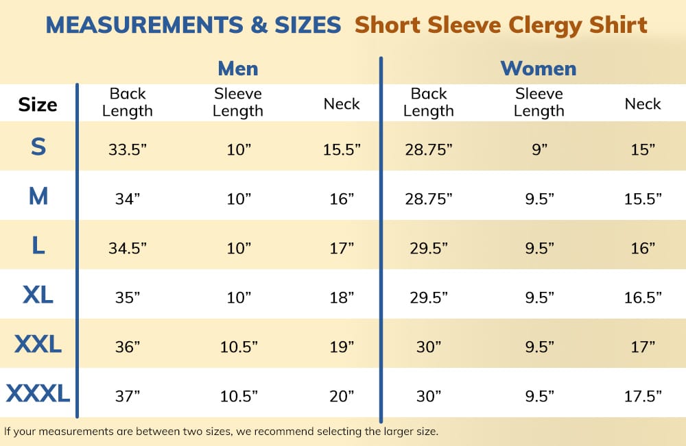 Size Chart for Short Sleeve Clergy Shirt