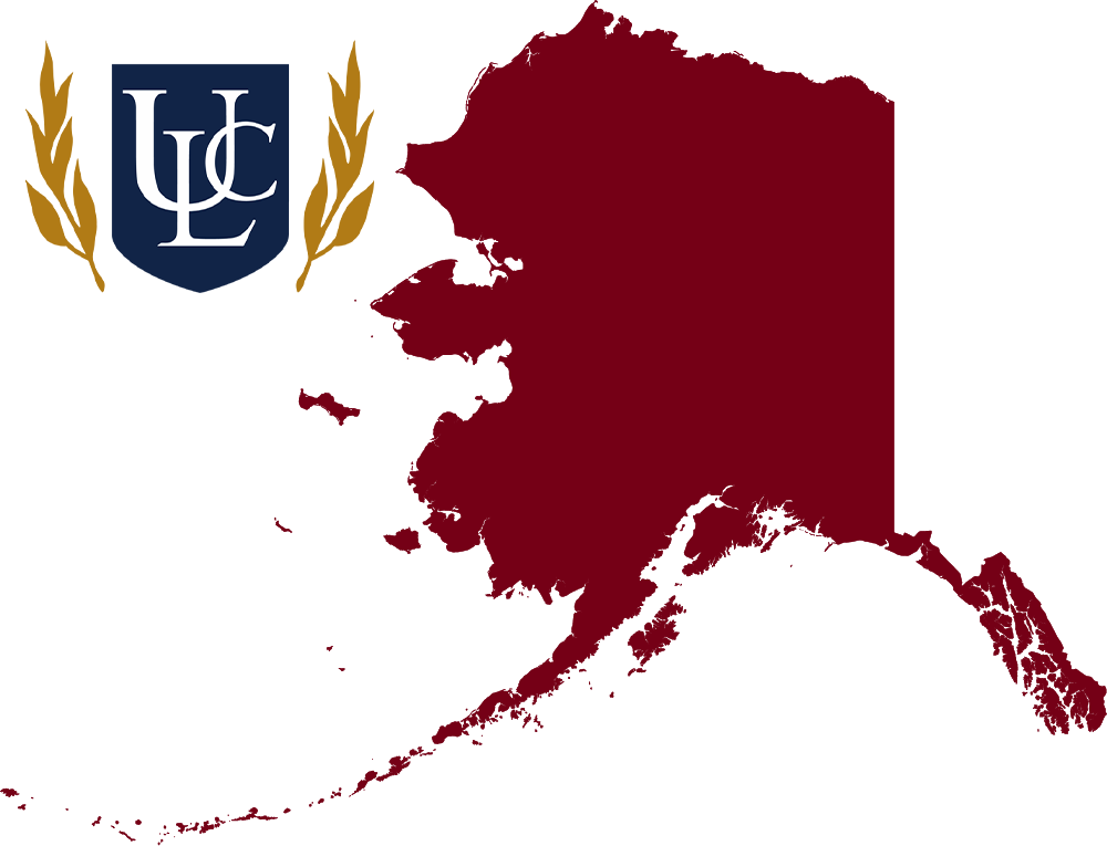 An outline of Alaska with the ULC logo