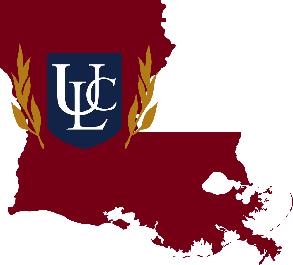 An outline of Louisiana with the ULC logo