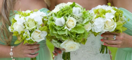Three green bridal wedding bouquets