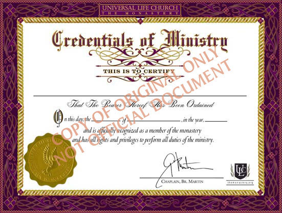 sample ordination certificate