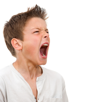 Close up portrait of boy shouting child screaming against white background