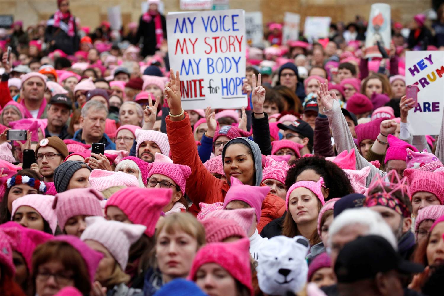 Women wearing pink pussyhats